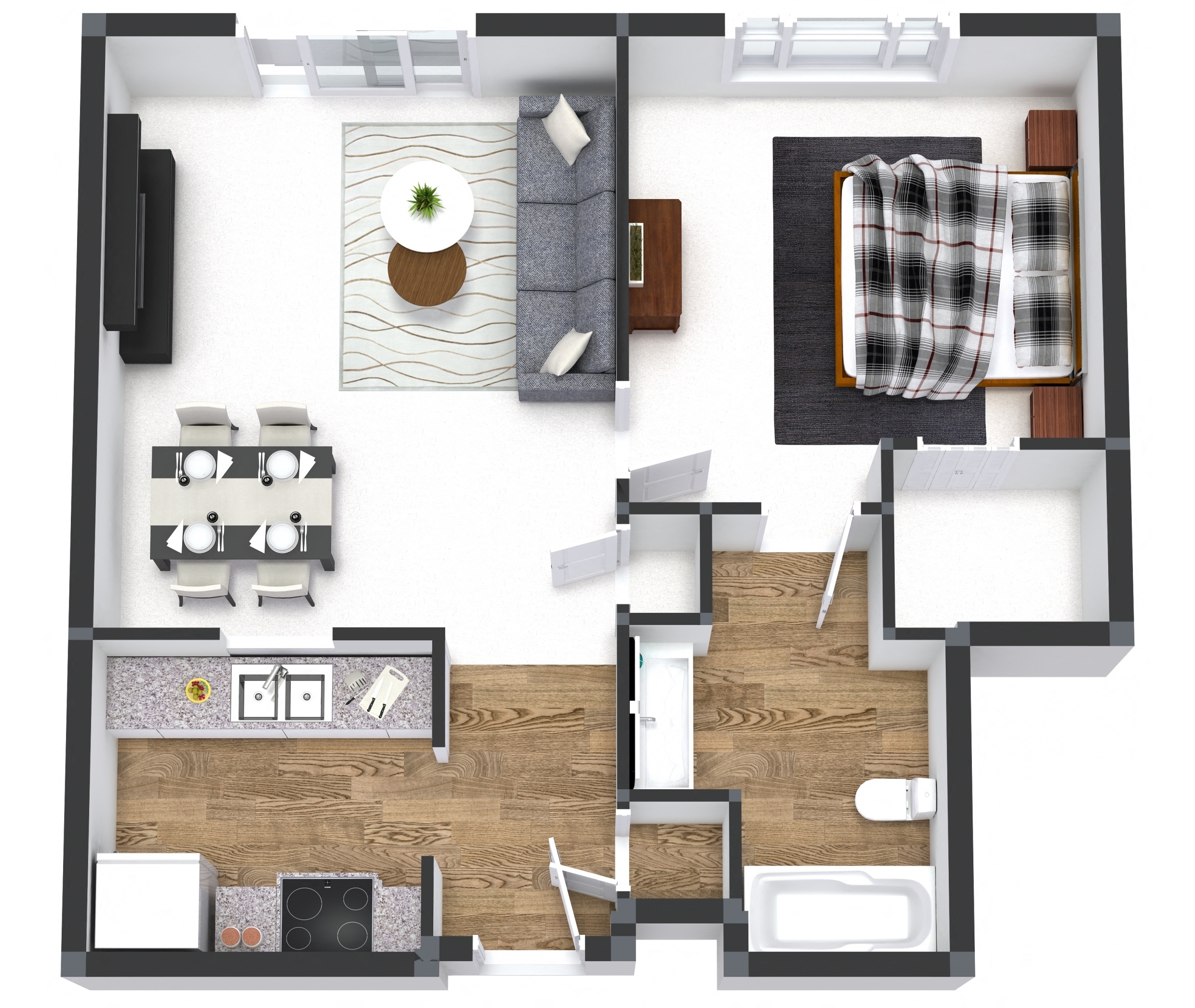 Floor plan for 1 bed, 1 bath, 625 sqft